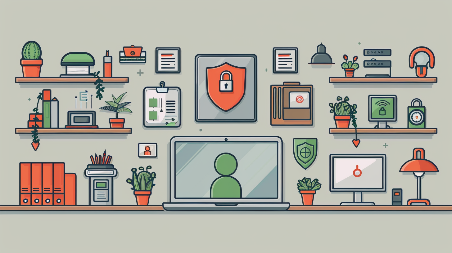 A workspace illustration features a laptop, plants, books, and security icons alongside office supplies on shelves. With an emphasis on cybersecurity and organization, it subtly hints at concerns like tabnapping to ensure a safe digital environment.