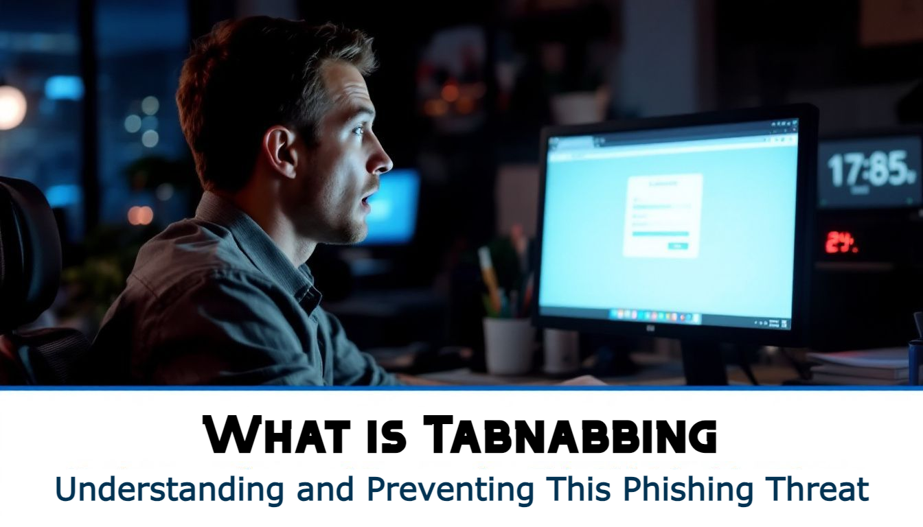 A person gazes at a computer screen showcasing a login page. The text on the image poses the question: "What is Tabnabbing?" Dive into understanding and preventing this stealthy phishing threat.