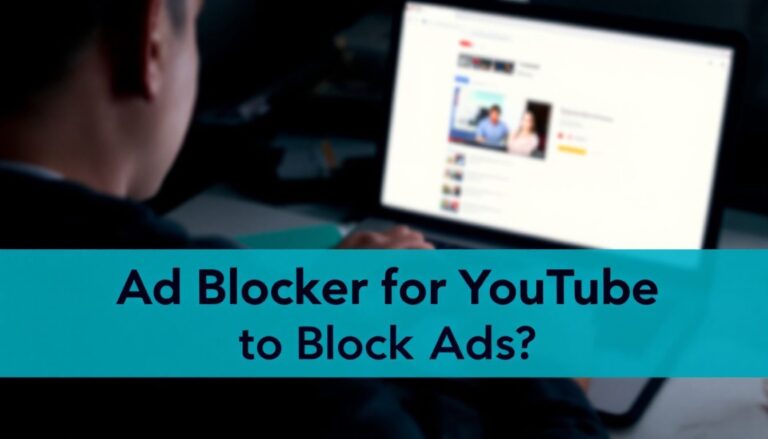 Person using a laptop with blurred YouTube screen. Text overlay: "Ad Blocker for YouTube to Block Ads?.