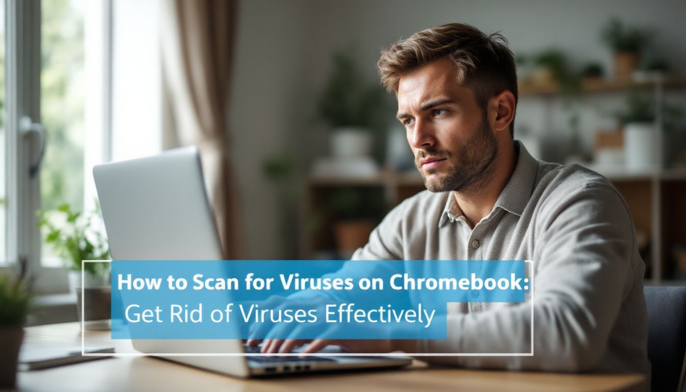 Man focused on his laptop with a text overlay: "How to Scan for Viruses on Chromebook: Get Rid of Viruses Effectively.