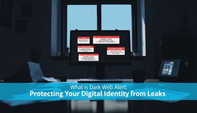 Computer screen displaying alerts about digital identity and data leaks, with a dark office background. Text at bottom reads, "What is Dark Web Alert: Protecting Your Digital Identity from Leaks.