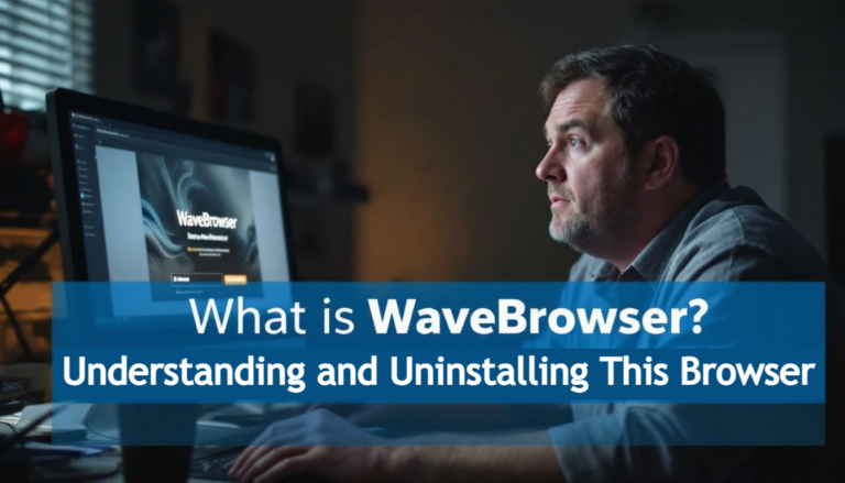 A man gazes at his computer screen, diving into the mystery of "What is WaveBrowser?" as he explores the comprehensive guide on understanding and uninstalling this browser.