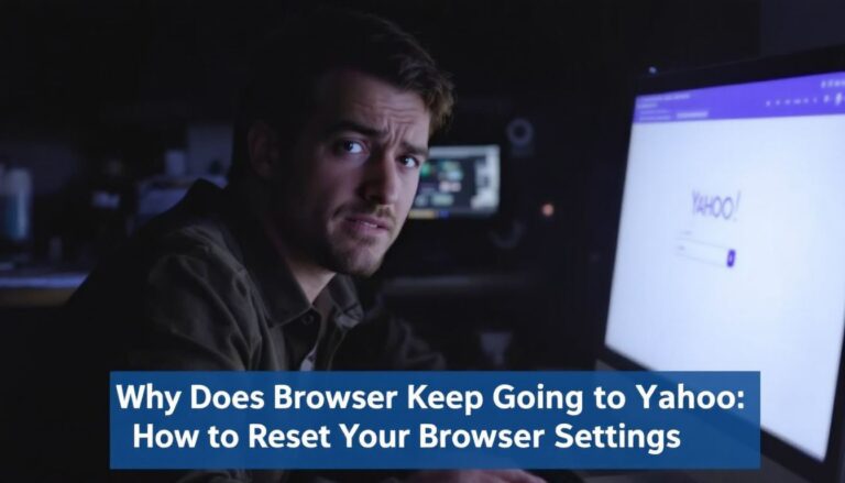 A man looks puzzled at a computer screen displaying a Yahoo search page. Text on the image reads, "Why Does Browser Keep Going to Yahoo: How to Reset Your Browser Settings.