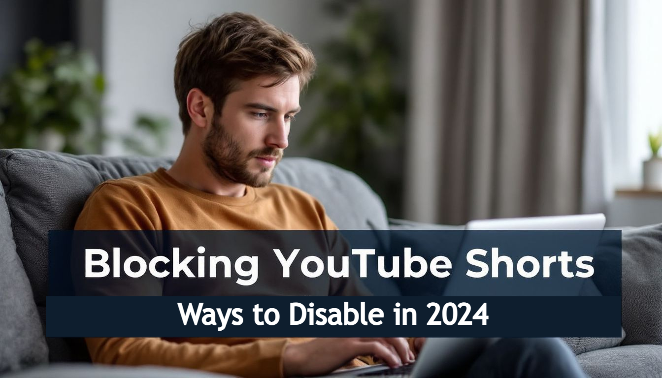 Man sitting on a couch using a laptop, with text overlay: "Discover how blocking YouTube Shorts can enhance your experience: Learn ways to disable in 2024.