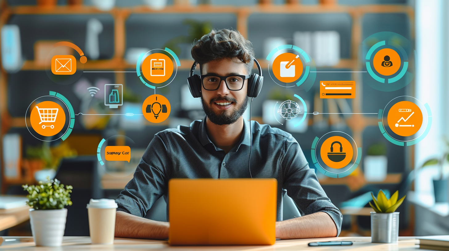 A man wearing headphones works on a laptop surrounded by digital icons, perhaps using total adblock for Android. The modern office setting features plants and a coffee cup in the background, creating an atmosphere of focused productivity.