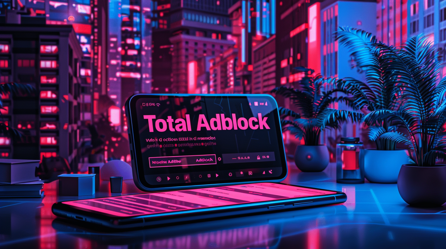 Digital artwork of a futuristic desk setup with two screens in a neon-lit cityscape. The screens display "Total Adblock for Android" in a vibrant red and blue setting.