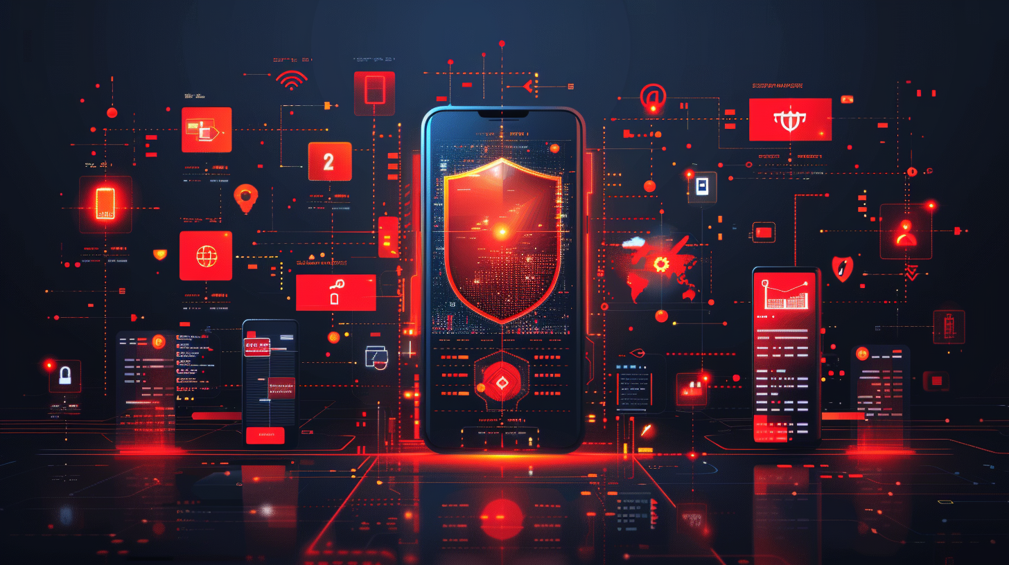 A smartphone with a digital shield icon is surrounded by various technology and security icons, highlighting cybersecurity and data protection. Total Adblock for Android seamlessly integrates, ensuring your device stays protected from intrusive ads and potential threats.