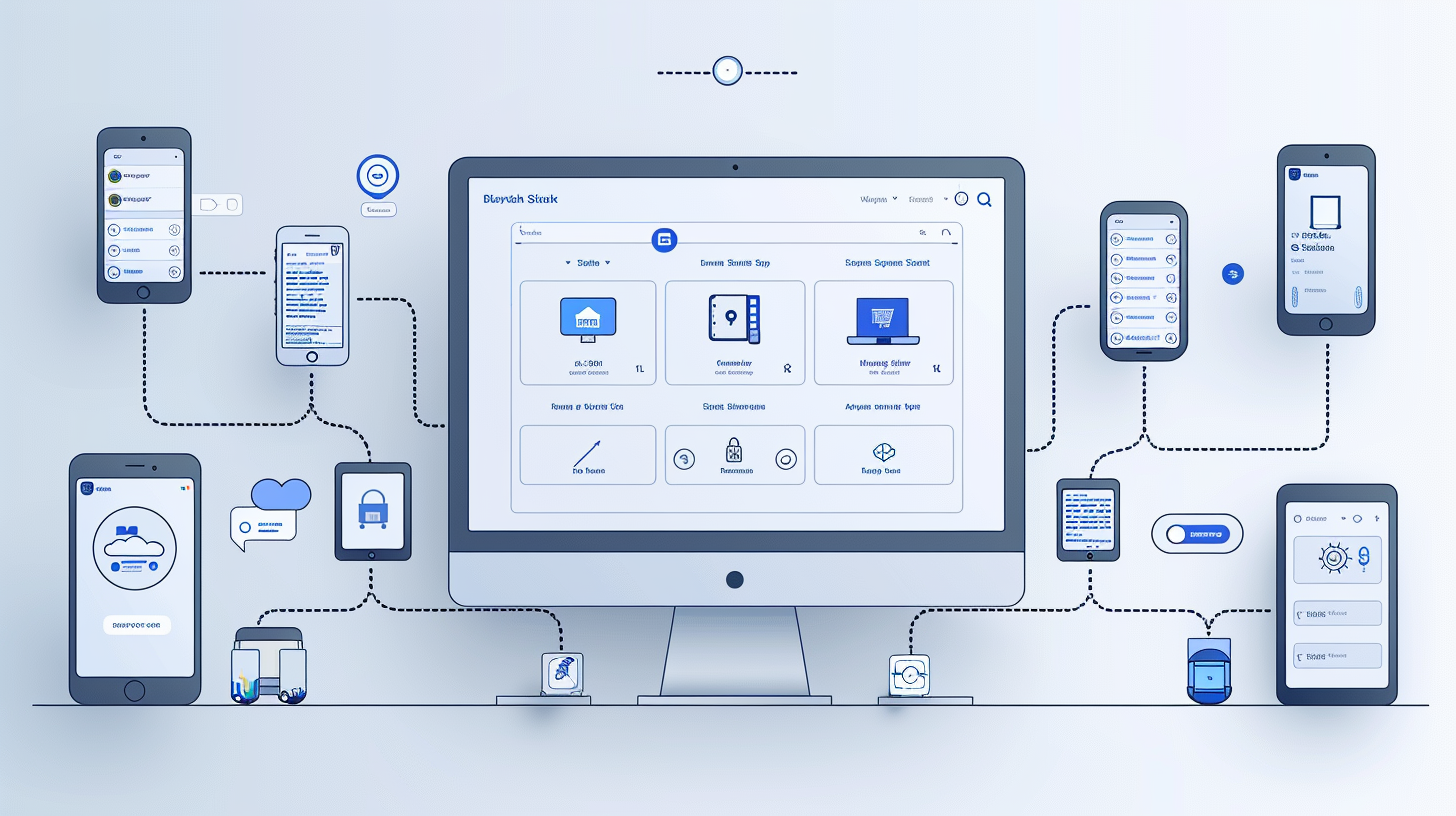 Illustration of a computer and multiple smartphones interconnected, displaying app interfaces and icons linked by dotted lines. The system suggests digital connectivity while emphasizing solutions like blocking YouTube Shorts for enhanced focus.