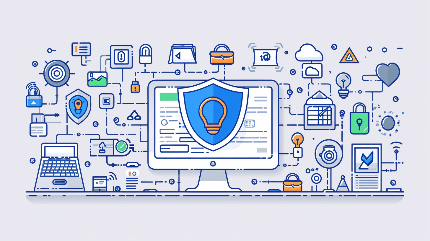 Illustration of a computer screen with a shield icon, surrounded by digital symbols, representing cybersecurity and data protection concepts—hinting at learning how to unblock websites on Chromebook while staying secure online.