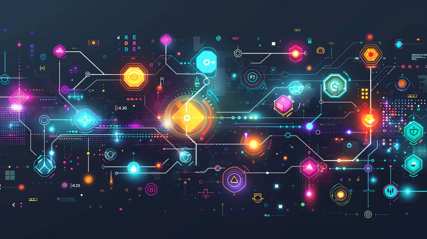 A colorful digital network illustration features glowing nodes, geometric shapes, and connecting lines on a dark background, symbolizing data flow and connectivity while hinting at the complexities of a birthday attack in cybersecurity.