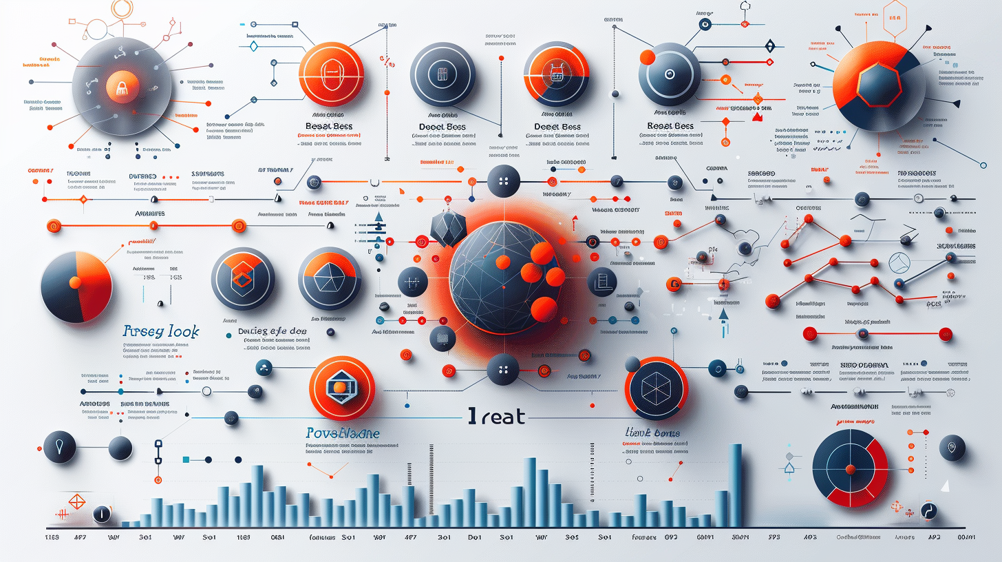 A complex data visualization chart with various graphs, pie charts, and lines in orange and blue resembles a cohesive network. Much like defending against a birthday attack in cybersecurity, this intricate design ensures every node and label is meticulously interconnected with precision.