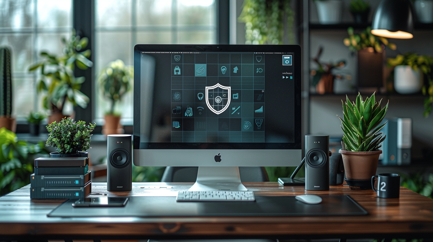 A modern desktop computer setup with a cybersecurity-themed screen in a plant-decorated room subtly hints at precautions, like knowing what to do if your email is on the dark web.