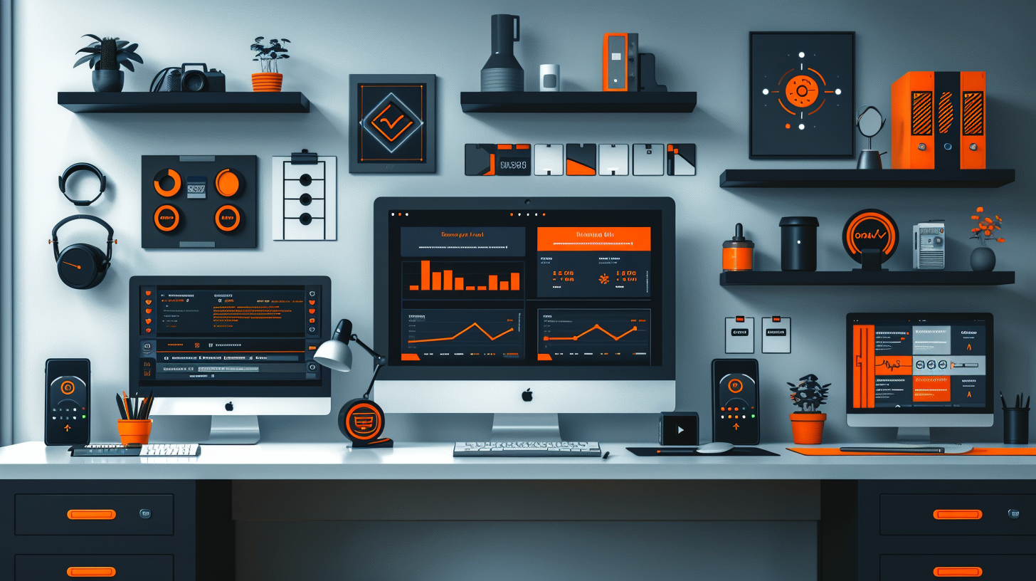 In a modern home office adorned with orange and black-themed decor, multiple screens display data and charts. Shelves hold gadgets, while a guide on what to do if your email is on the dark web rests conspicuously, adding a touch of digital security awareness to the setup.