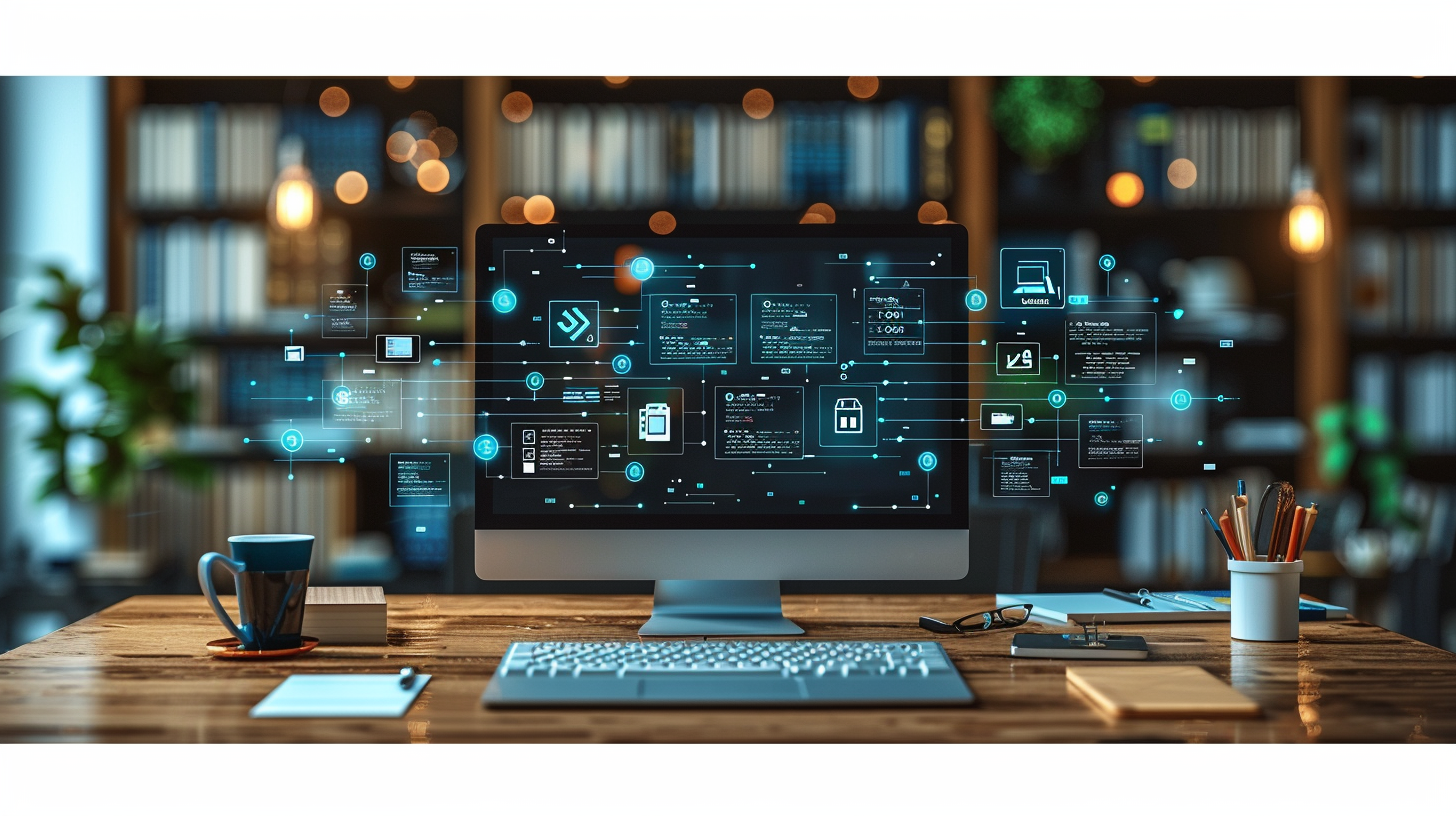 A computer on a desk displays a digital network interface with interconnected icons and data, while a guidebook on what to do if your email is on the dark web sits among the bookshelves and office supplies in the room.