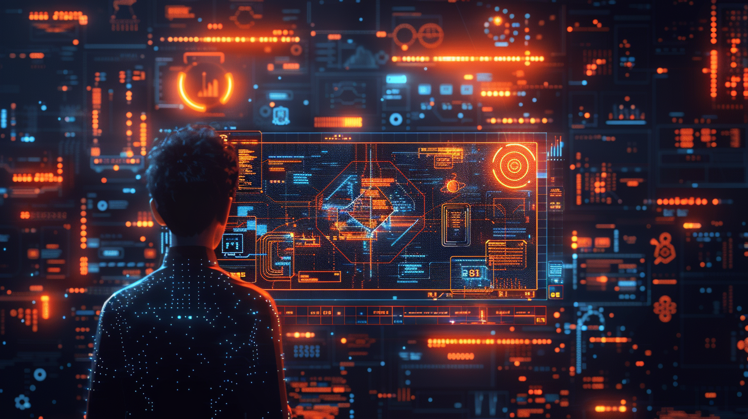 A person stands before a futuristic screen displaying glowing orange and blue holographic data and graphics, pondering what to do if their email is on the dark web.