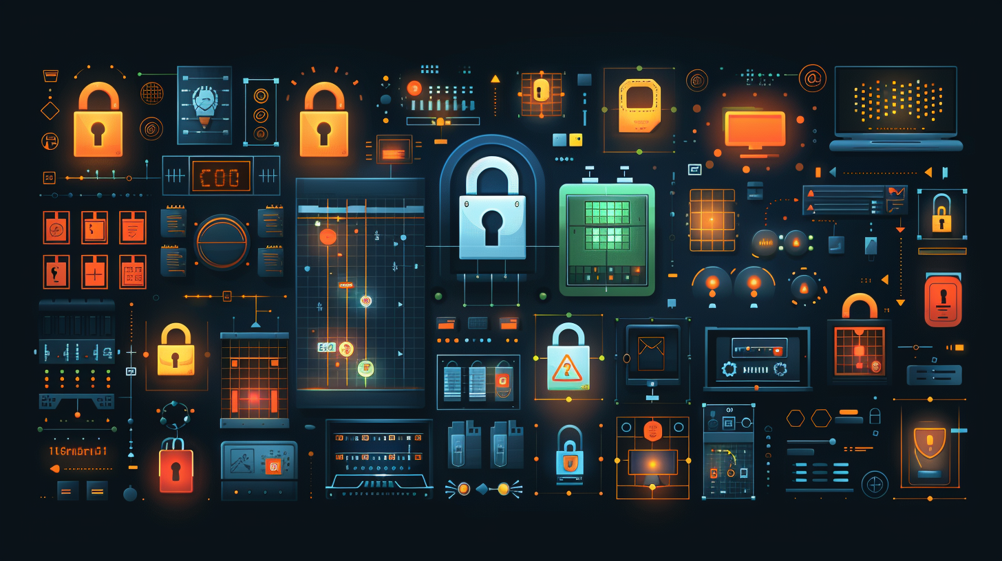 Futuristic digital security concept art featuring various lock and data icons, alongside graphs and tech elements, subtly echoing the urgent question: what to do if email is on the dark web?