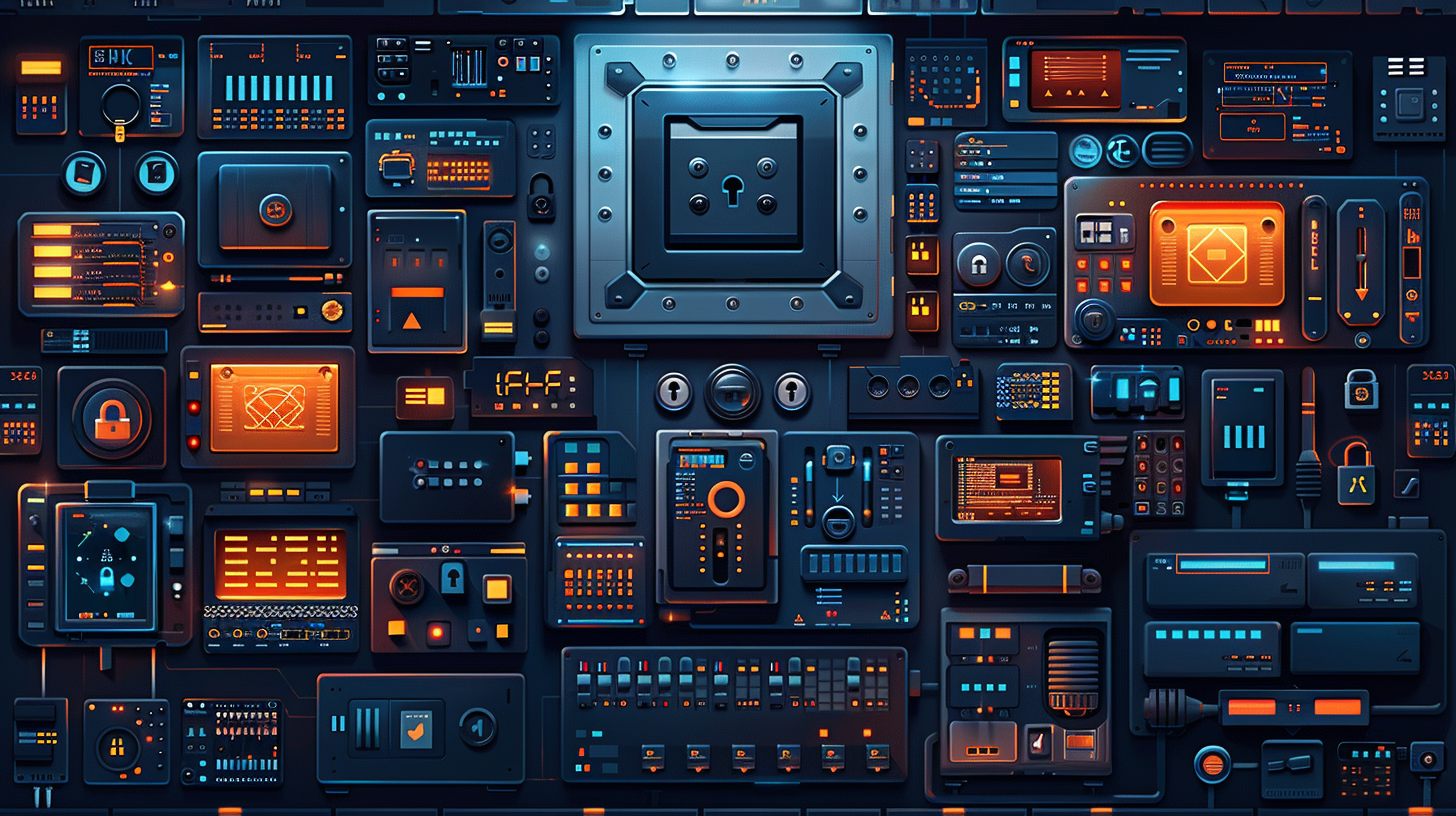 A complex array of futuristic control panels and displays, featuring various buttons, switches, dials, and screens with blue and orange lighting, seamlessly integrates key escrow mechanisms in cybersecurity for enhanced protection.