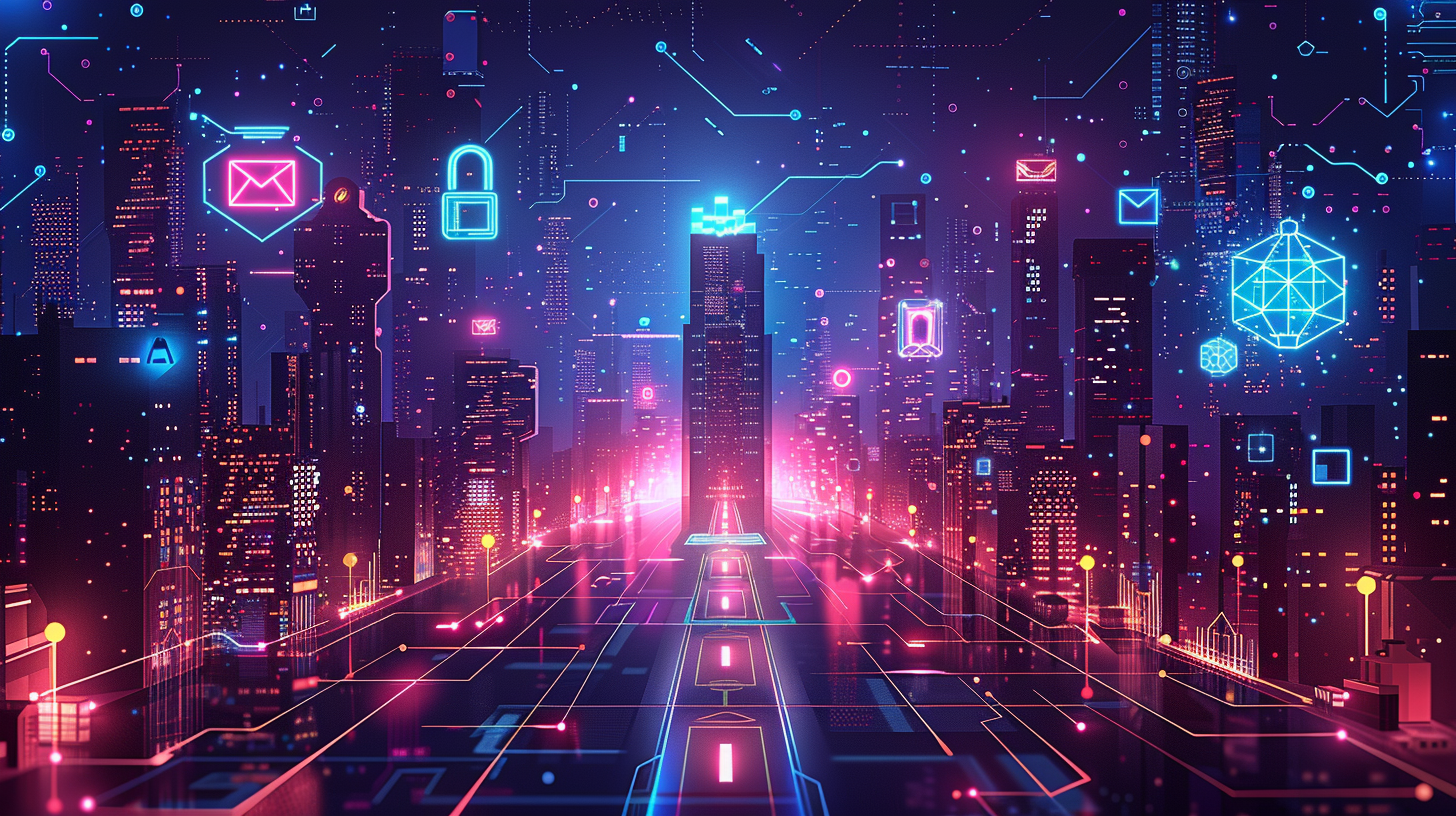 Futuristic cityscape with neon lights and digital icons, including emails, locks, and network symbols, overlaying tall buildings. A glowing pathway leads towards the central skyscraper, symbolizing key escrow in cybersecurity amidst this high-tech urban landscape.