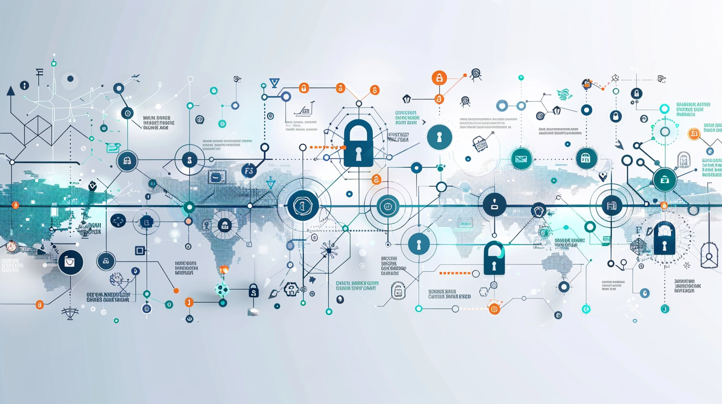 Abstract digital network illustration featuring interconnected icons, locks, and global map elements symbolizing cybersecurity and communication, with subtle nods to key escrow in cybersecurity enhancing data protection.