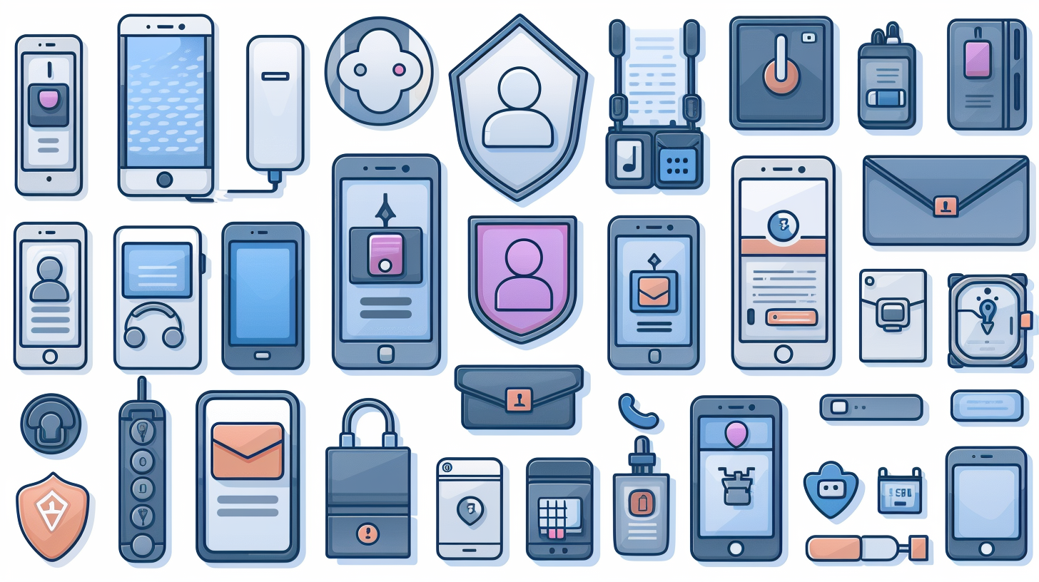 A collection of digital security and communication icons, including smartphones, shields, locks, and email symbols, suggesting a vigilant awareness essential for anyone wanting to view incognito history on Android devices, all arranged in neat rows.