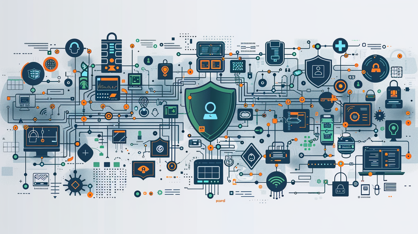 An illustration of a cybersecurity network with interconnected digital devices and icons, featuring a central shield symbol, highlights the importance of defense against threats like a birthday attack in cybersecurity.