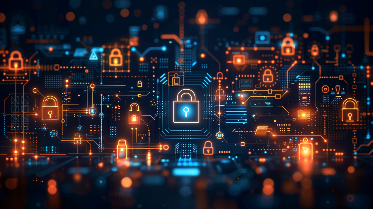 Illustration of a digital security concept featuring a network of glowing orange and blue circuit lines. Padlock icons and key escrow in cybersecurity elements highlight robust data protection, emphasizing the intricacies of safeguarding sensitive information.