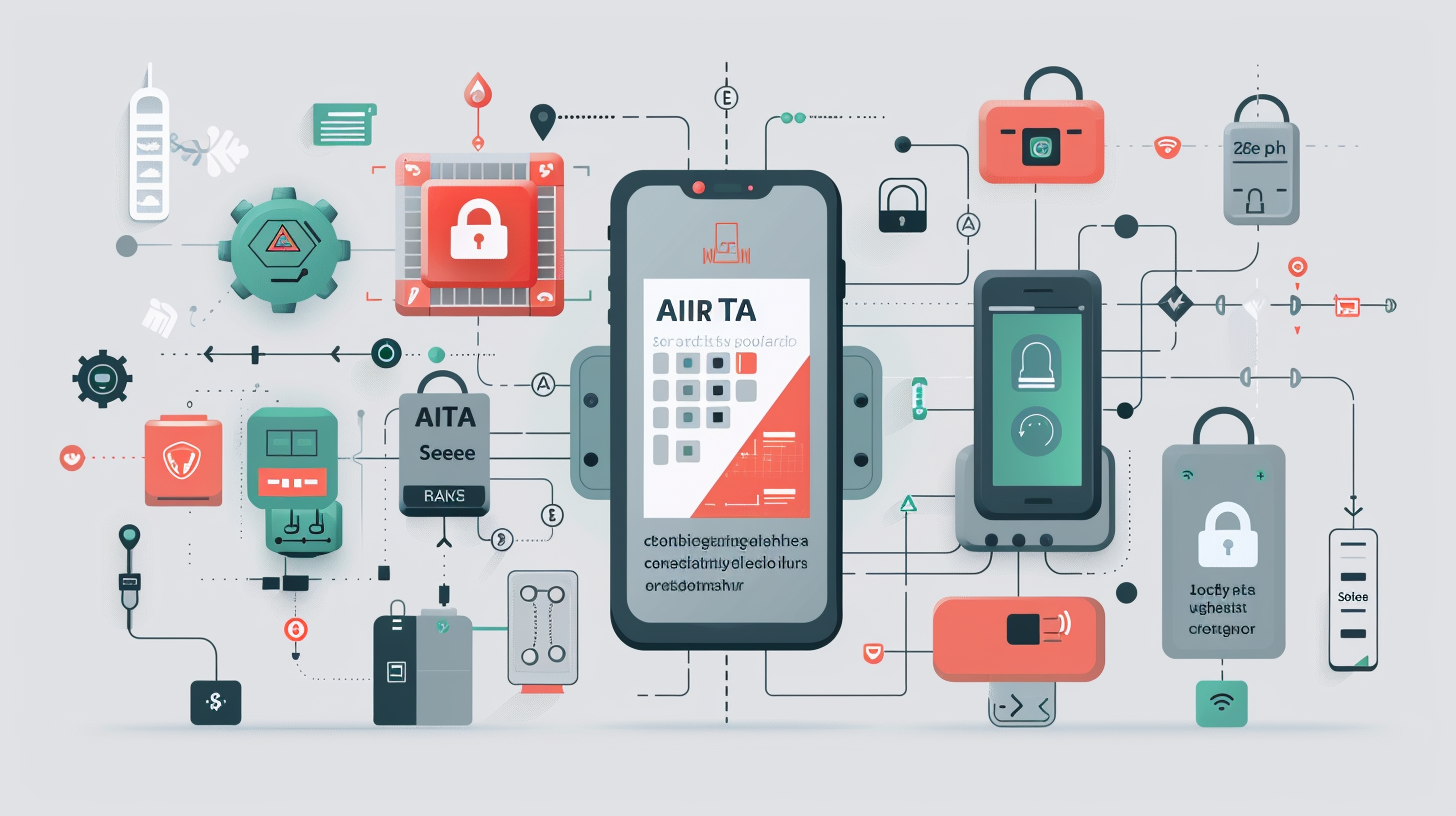 Illustration of mobile phones with locks and app icons connected by lines, symbolizing app security and data protection. While showcasing how Apple AirTag might emphasize exclusive connectivity, it raises considerations for Android users seeking similar security integration.