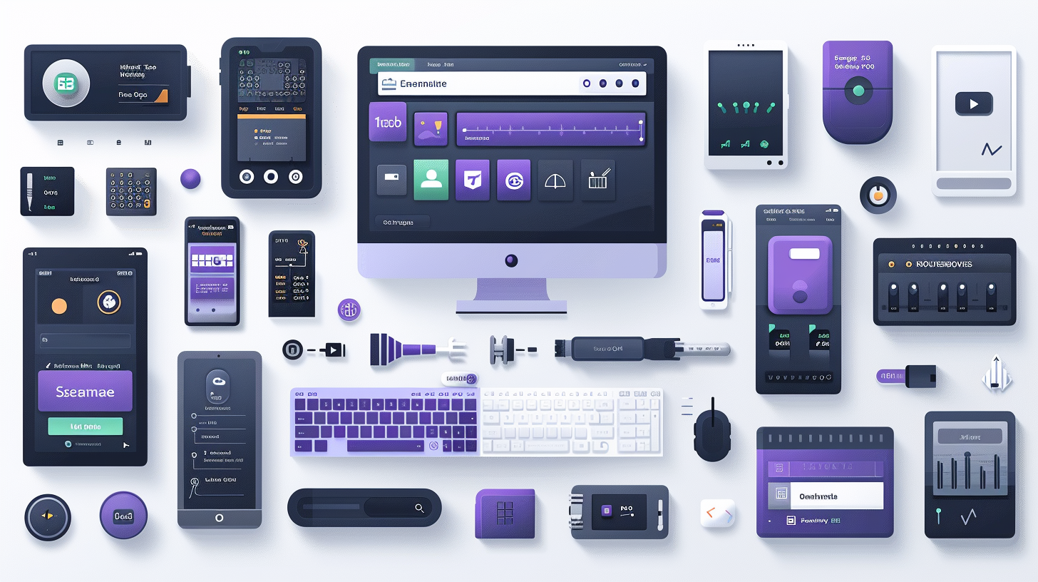 A collection of digital devices and interfaces, including screens, mobile devices, and control panels, is arranged on a surface with a mix of purple, black, and gray color schemes—perfect for exploring how to unblock websites on your Chromebook seamlessly.