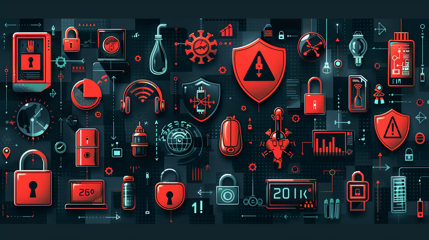 A collage of red and blue cybersecurity icons, including locks, shields, data charts, swords, and viruses, subtly hints at digital security themes like the cryptic world of viewing incognito history on Android devices.