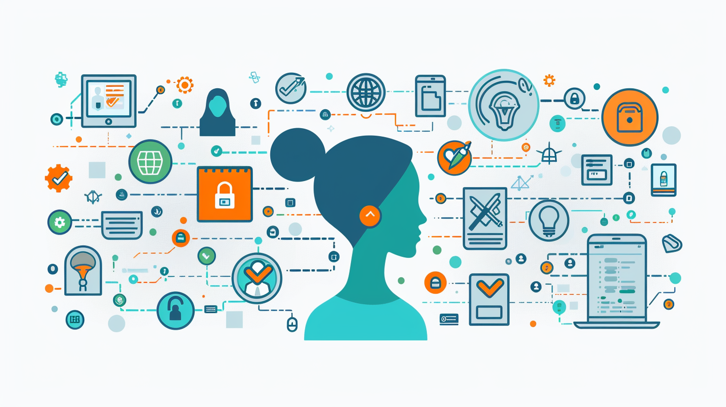 An illustration of a woman with headphones is surrounded by various technology and communication icons, such as a padlock, globe, lightbulb, and laptop—inviting you to explore the digital world safely while wondering about new features like viewing incognito history on Android.