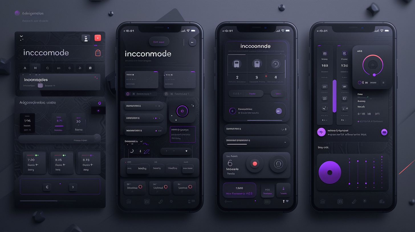 The dark mode mobile app interface is showcased on four smartphones, featuring sleek UI elements like buttons, sliders, and icons in shades of black, purple, and gray. Experience seamless multitasking while keeping your data private as you view incognito history on Android.