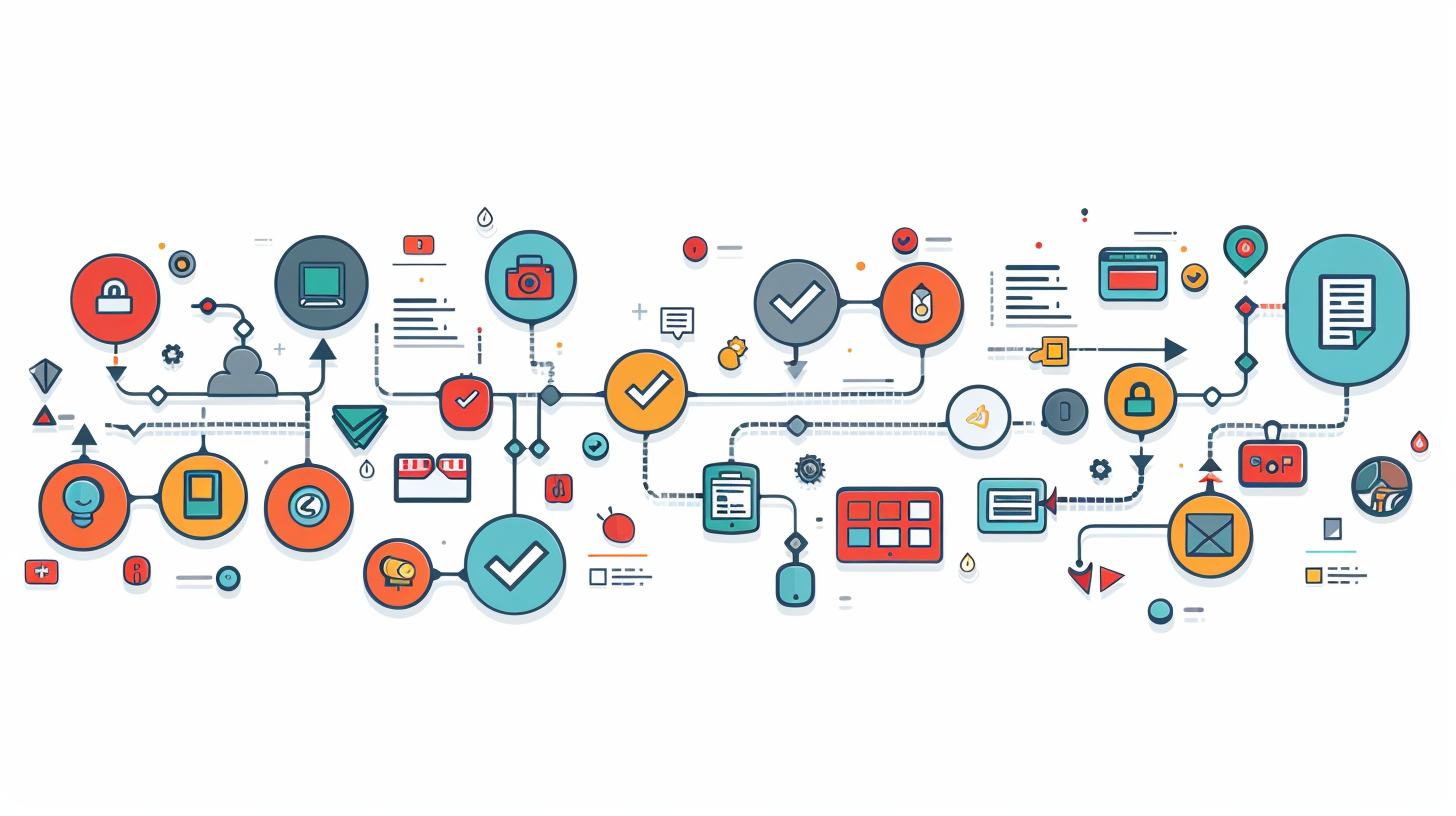 Illustration of a complex flowchart with interconnected icons representing technology, security, and communication processes in various colors, subtly hinting at solutions like how to unblock websites on Chromebook.