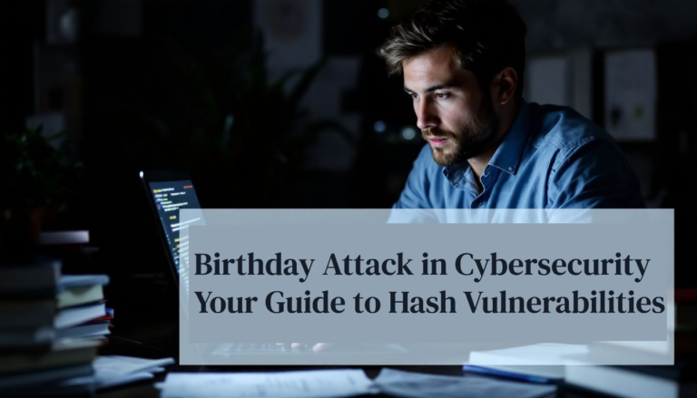 In the dim glow of the night, someone diligently works on a laptop. A text overlay reads: "Birthday Attack in Cybersecurity: Your Essential Guide to Understanding Hash Vulnerabilities.