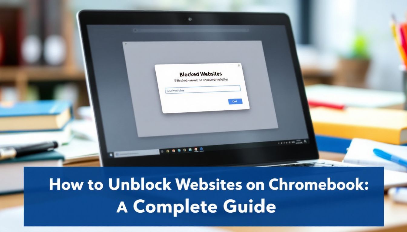 Laptop screen showing blocked websites message, with text below: "How to Unblock Websites on Chromebook: A Complete Guide.