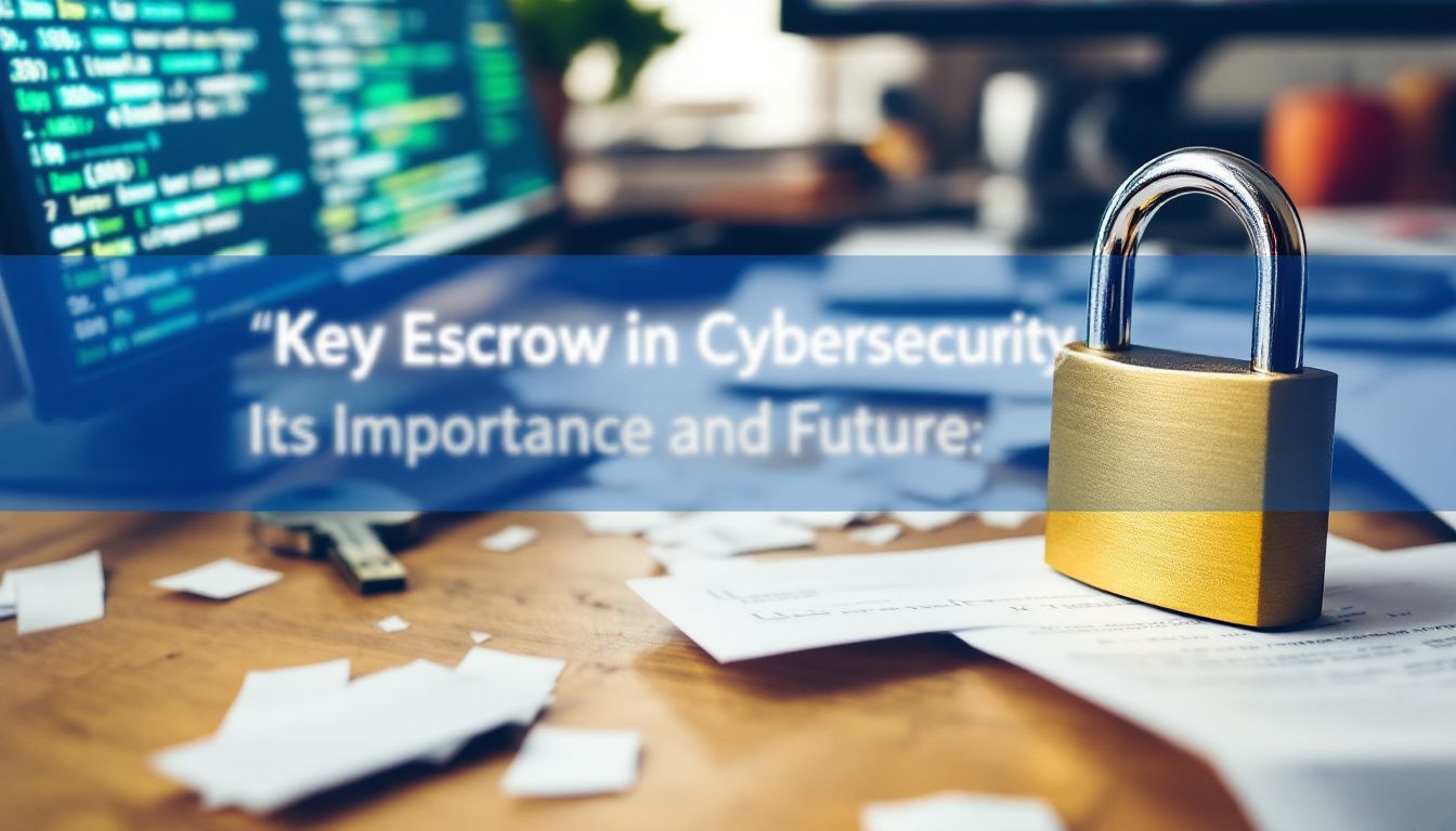 A padlock on a desk with scattered papers, a computer screen in the background displaying code. Text overlay reads, "Key Escrow in Cybersecurity: Its Importance and Future.