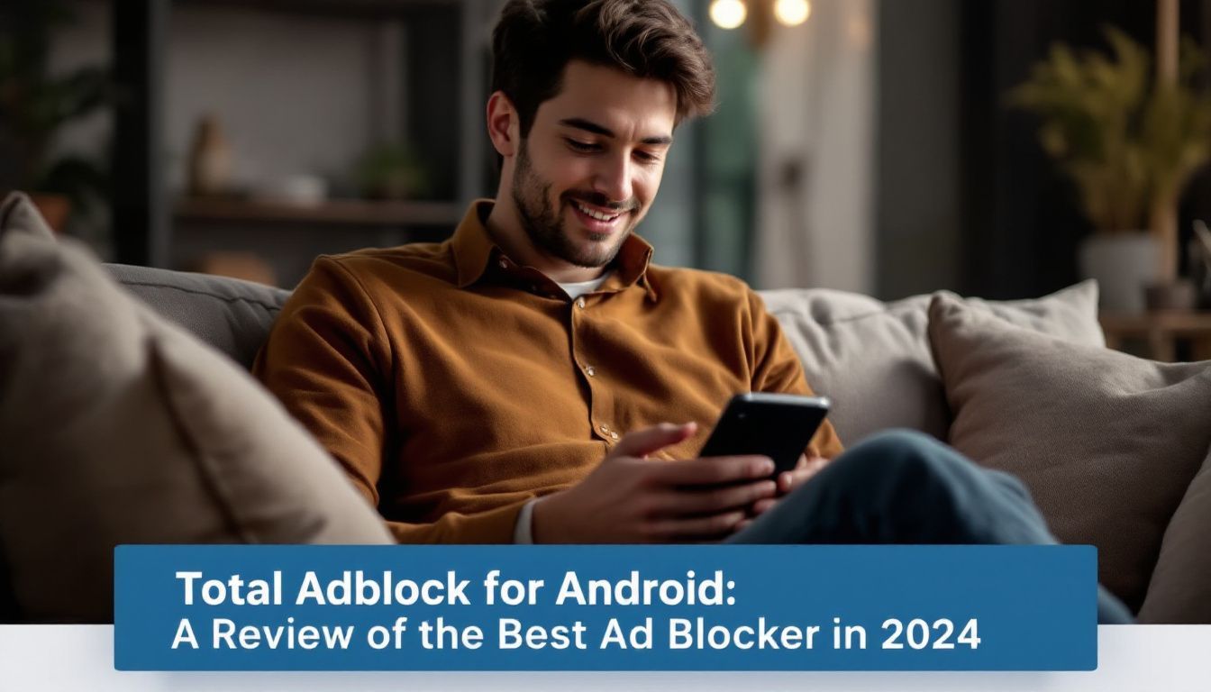 A man sitting on a couch, smiling at his phone. A banner at the bottom reads: "Total Adblock for Android: A Review of the Best Ad Blocker in 2024.